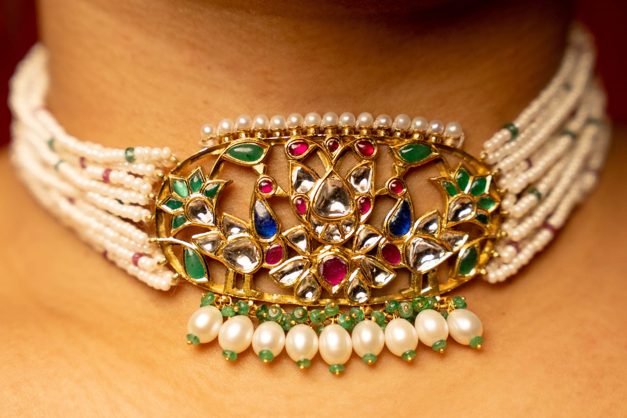Polki choker with pearl drops in 22KT gold - Shrivatsa Jodhpur