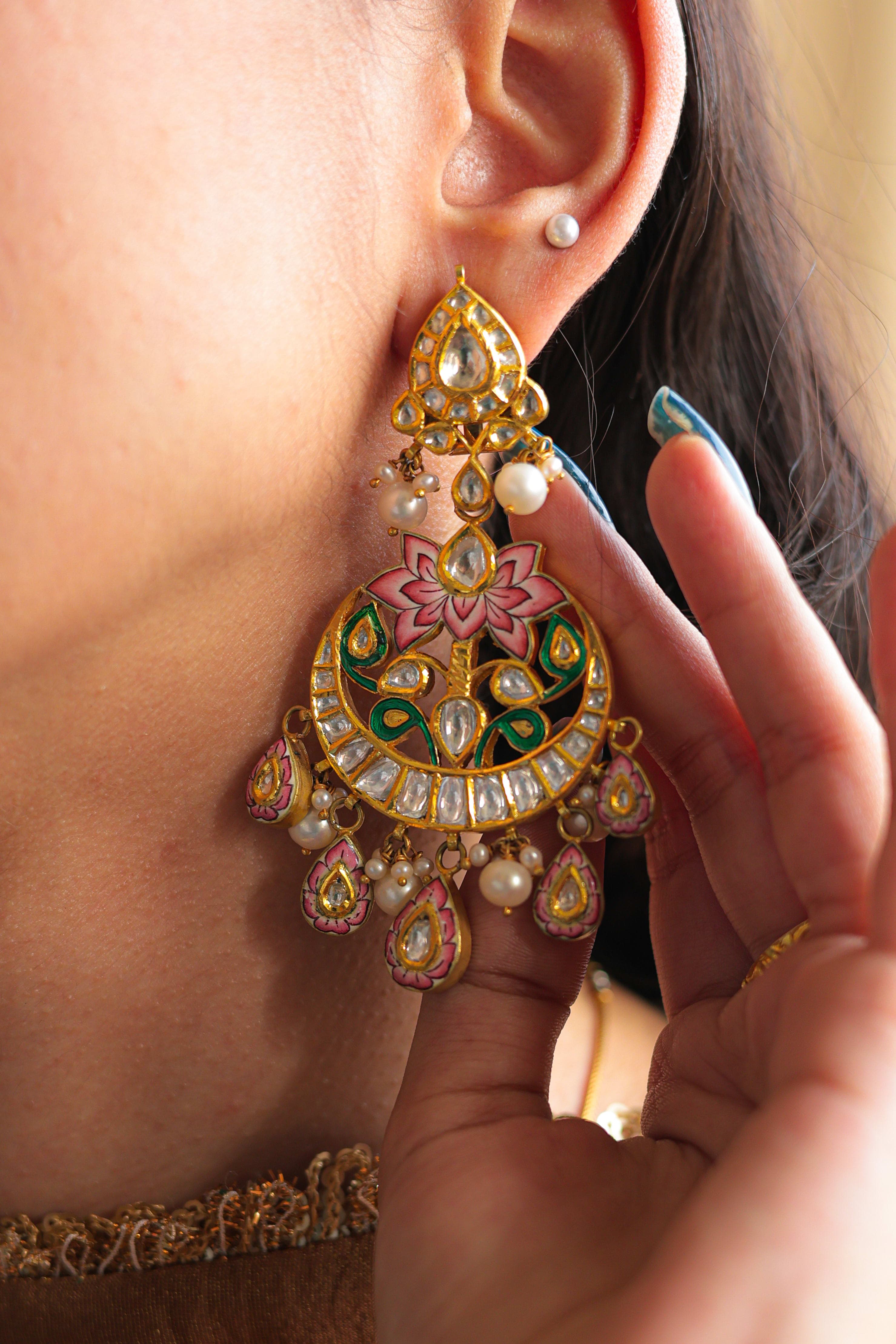 Traditional chandbali crescent earrings with meenakari and polki — Shrivatsa Jodhpur